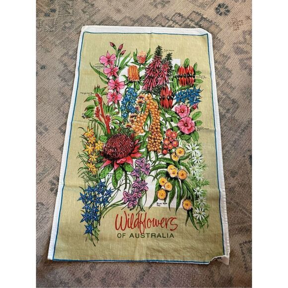 Rosy Kitchen Australian Wildflowers Print Linen Cotton Tea Towel - Picture 1 of 5